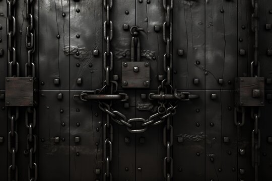 Black rusty metal door with chains and a large padlock