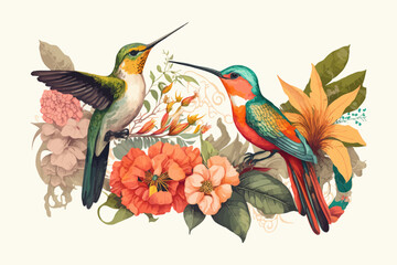 Watercolor background with bird. Floral backdrop.