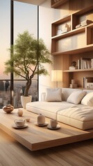 A modern living room with a large window, a bonsai tree, and a white sofa