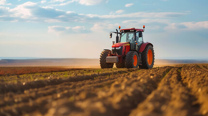 Fototapeta premium Tractor plowing field with seedbed cultivator at springtime