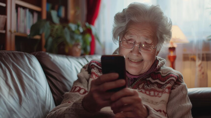 Elderly people in the digital age concep, Grandma holding the smartphone in browsing wireless Internet, looking at screen, chatting in social network or shopping online, relax at home.
