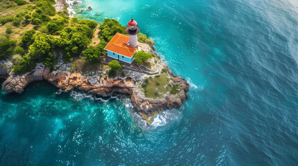 Aerial view of a lighthouse on a secluded island, surrounded by turquoise waters, emphasizing the isolation and the critical role of the lighthouse in navigation, scenic beauty - obrazy, fototapety, plakaty