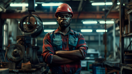 Fototapeta na wymiar African American man confidently wears a safety helmet while diligently working in a well-equipped workshop.