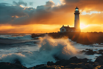 Majestic lighthouse standing tall on a rocky coastline, waves crashing against the shore - obrazy, fototapety, plakaty
