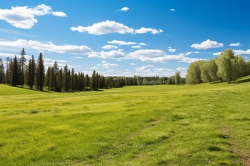 Fototapeta na wymiar Vast green field under blue sky and white clouds