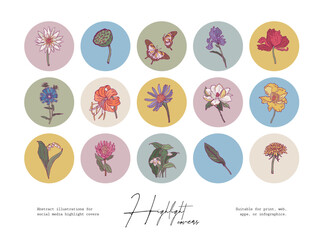 Botanical collection of hand drawn vector flowers and leaves in minimal style. For brand identity, logo design, wallpaper, packaging design, banners.