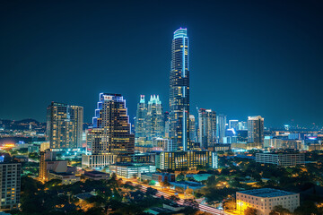 Night view of a lit skyscraper, standing as a beacon among the city lights, showcasing the building's prominence and the lively atmosphere of the city after dark - obrazy, fototapety, plakaty