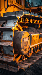 Fototapeta na wymiar Detailed shot of the tracks and undercarriage of a bulldozer, highlighting the engineering and durability required for heavy-duty construction work, complexity of the machinery 