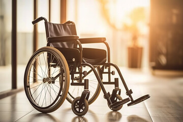 Modern wheelchair in a bright and spacious rehabilitation center, emphasizing accessibility and mobility, soft natural light highlighting the sleek design and functionality - obrazy, fototapety, plakaty