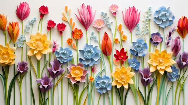 A variety of paper flowers of different colors are arranged in a row on a white background
