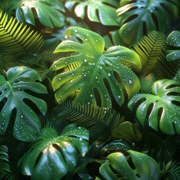 Close-up of lush green tropical leaves with water droplets