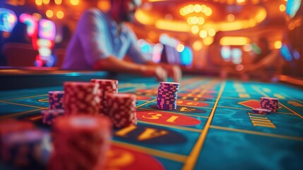 A wealthy businessman frequents the casino, betting large sums of money on games like blackjack and roulette, enjoying the adrenaline rush of high-stakes gambling. Addiction from casino