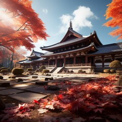 Obraz premium Japanese temple with red maple leaves in autumn