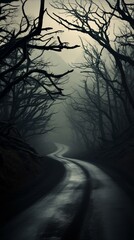 Obraz premium Road through a dark and foggy forest