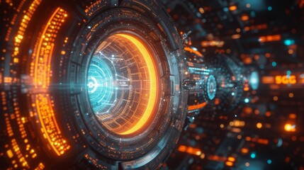 Obraz premium Futuristic spaceship engine glowing with blue and orange lights