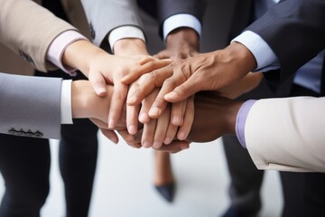 Top view of several business people putting their hands together , teamwork