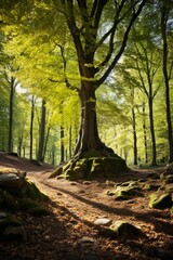 The sun shines through the green leaves of the trees in the forest