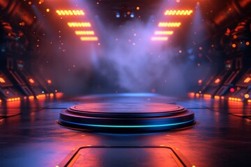 futuristic empty stage podium with glowing blue light and red spotlights in the background