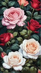 A Beautiful Roses Seamless Pattern on dark background.	
