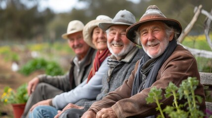A group of retirees sit together on a bench in the community garden enjoying the peaceful atmosphere as they take a break from tending to their plots. - obrazy, fototapety, plakaty
