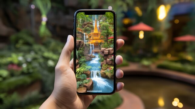 A hand holding a smartphone with a picture of a waterfall on the screen