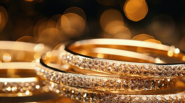 Behind the glass of a jewelry store window, rows of stunning, expensive, and fashionable gold rings sparkle brilliantly with their diamonds. Motion picture. Closeup
