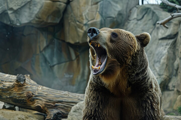 grizzly brown bear adult boar defend is growling and opening mouth to exhibit teeth tongue and establish attack and fear dominance attacking or defending territory - obrazy, fototapety, plakaty