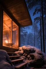 Wooden house in snowy forest