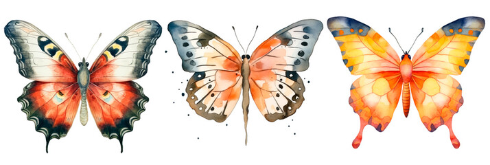 Set of watercolor butterfly, isolated on transparent background