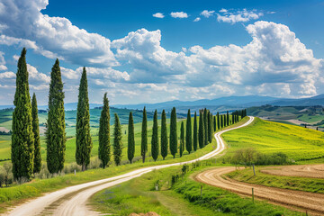 Fototapeta premium Italian cypress trees rows and a white road rural landscape. Siena, Tuscany, Italy