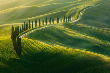 Obraz premium Italian cypress trees rows and a white road rural landscape. Siena, Tuscany, Italy