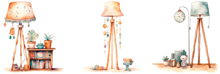 Set of Watercolor floor lamp for kids room in macrame style and boho style, neutral colors, isolated on transparent background