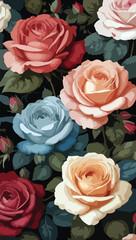 A Beautiful Roses Seamless Pattern on dark background.	
