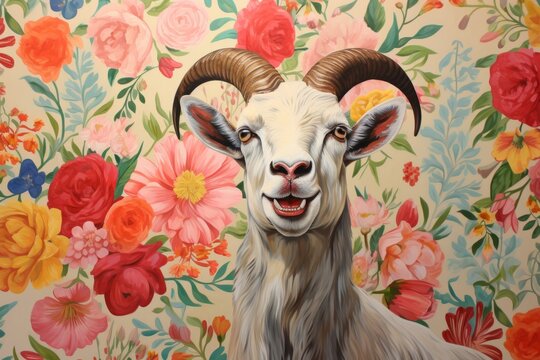 A white goat's face is set against a background of colorful flowers.