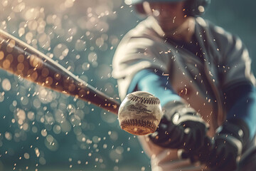 Baseball player hitting ball with bat in close up with blur motion - obrazy, fototapety, plakaty