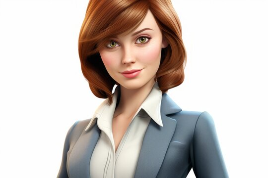 Illustration of a young businesswoman with short brown hair and green eyes wearing a blue suit