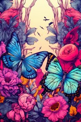 Two blue butterflies in a garden of flowers