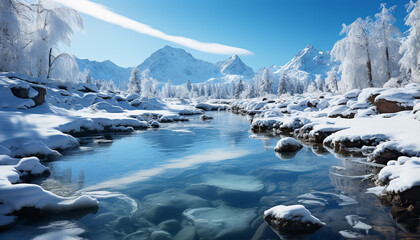 Winter mountain landscape frozen water reflects tranquil, majestic beauty generated by AI