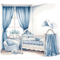 Watercolor newborn room in blue shades, isolated on transparent background