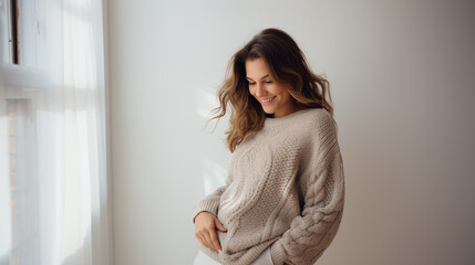 A smiling pregnant woman wearing a cozy knit sweater, cradling her belly with love and anticipation, against a minimalist white wall. - obrazy, fototapety, plakaty