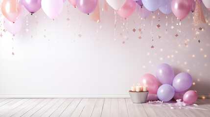 Urodzinowa ściana - tło na życzenia z okazji rocznic, jubileuszów, narodzin, chrztu, ślubu. Dekoracje z balonami, prezentami i girlandami - obrazy, fototapety, plakaty