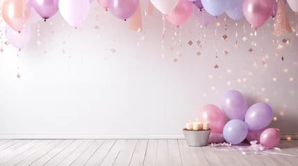Foto op Plexiglas Urodzinowa ściana - tło na życzenia z okazji rocznic, jubileuszów, narodzin, chrztu, ślubu. Dekoracje z balonami, prezentami i girlandami © yeseyes9