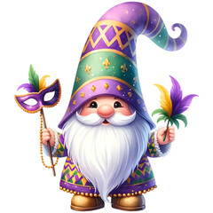 Cute mardi gras gnome watercolor clipart with transparent background