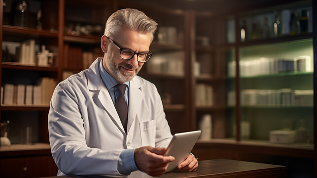 A happy doctor wearing glasses and a lab coat, browsing on a tablet PC in a general practitioner's office. 