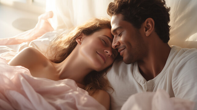 A close-up of a couple peacefully sleeping in bed together, their expressions content and relaxed.