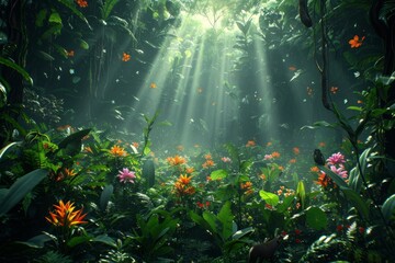 lush green jungle vegetation with flowers and butterflies