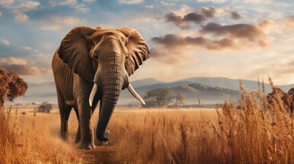 Fototapeta na wymiar Majestic African Elephant Walking Through The Tall Grass Savanna