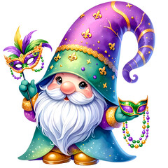 Cute mardi gras gnome watercolor clipart with transparent background