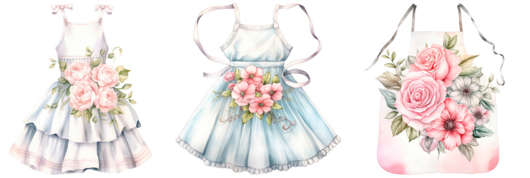 Set of watercolor pastel shabby chic apron, with flowers, isolated on transparent background