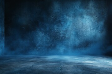 Blue grunge concrete room with glowing blue light